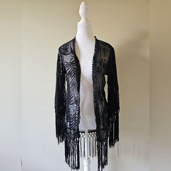 Show Me Your Mumu Black Leaf Print Kimono With Fringe Small - Picture 1 of 5